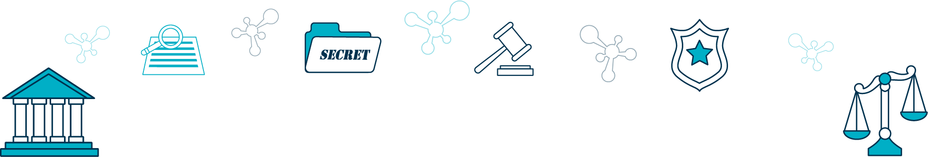 Icons representing government use cases: a courthouse, records review, classified documents, a gavel, a security shield, and the scales of justice