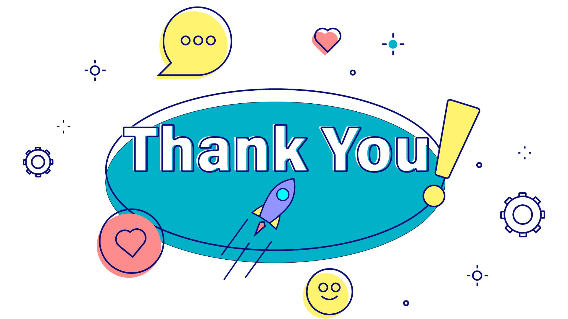 image that says thank you with a small rocket ship below the text and other icons of hearts, pluses and smiley emojis
